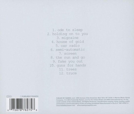 Tracklist van 'Vessel' van Twenty One Pilots, met nummers als 'Ode to Sleep' en 'Migraine'.