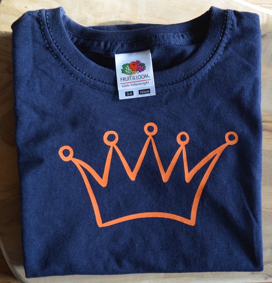 Koningsdag t-shirt meisjes - 104 - 3-4 jaar - koningsdagshirt voor meisjes - blauw - kroontje - oranje - schattig - uniek