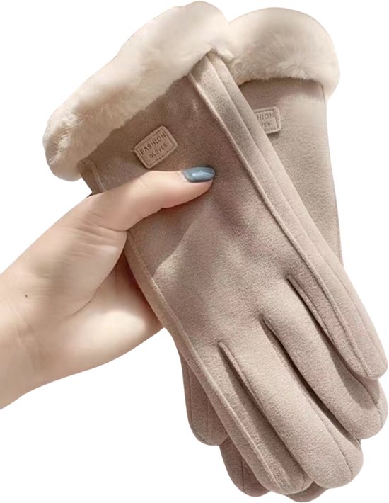 Touchscreen Handschoenen Winter Dames - Suède Pluche - Warme Handschoenen - Fleece - Dames Wanten Volwassen - 1 Paar - Dik Gevoerd - Koffie Kleur - One Size - Wanten - Vrouwen Handschoenen - Bont Rand