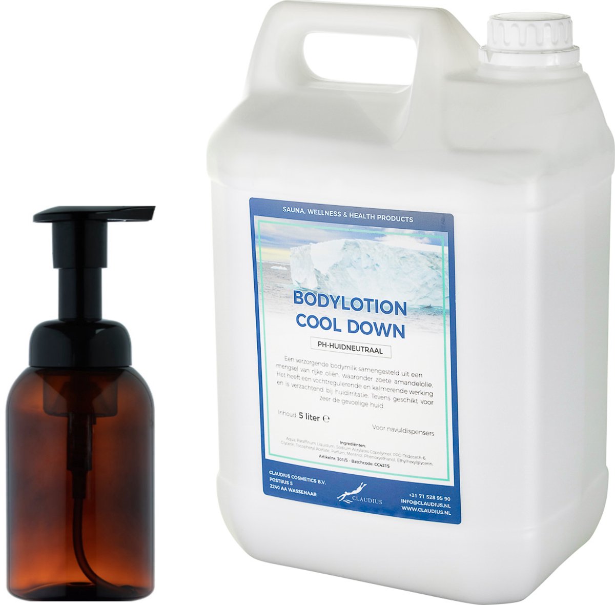 Zeepdispenser 300 ml amber bruin hervulbaar + 5 Liter Bodylotion Cool Down navulling