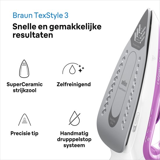 Braun TexStyle 3 SI3030PU - Stoomstrijkijzer - Snel opgewarmd - Precisiepunt - Paars