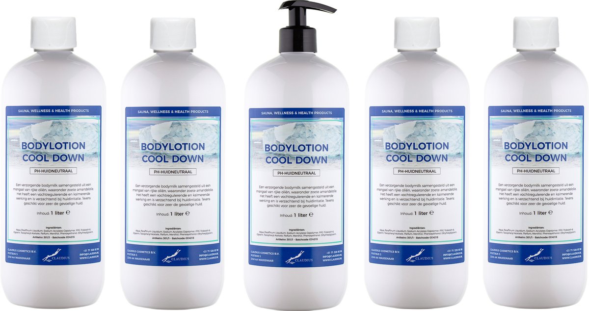 Bodylotion Cool Down 1 Liter - met gratis pomp - set van 5 stuks - Voordeelverpakking