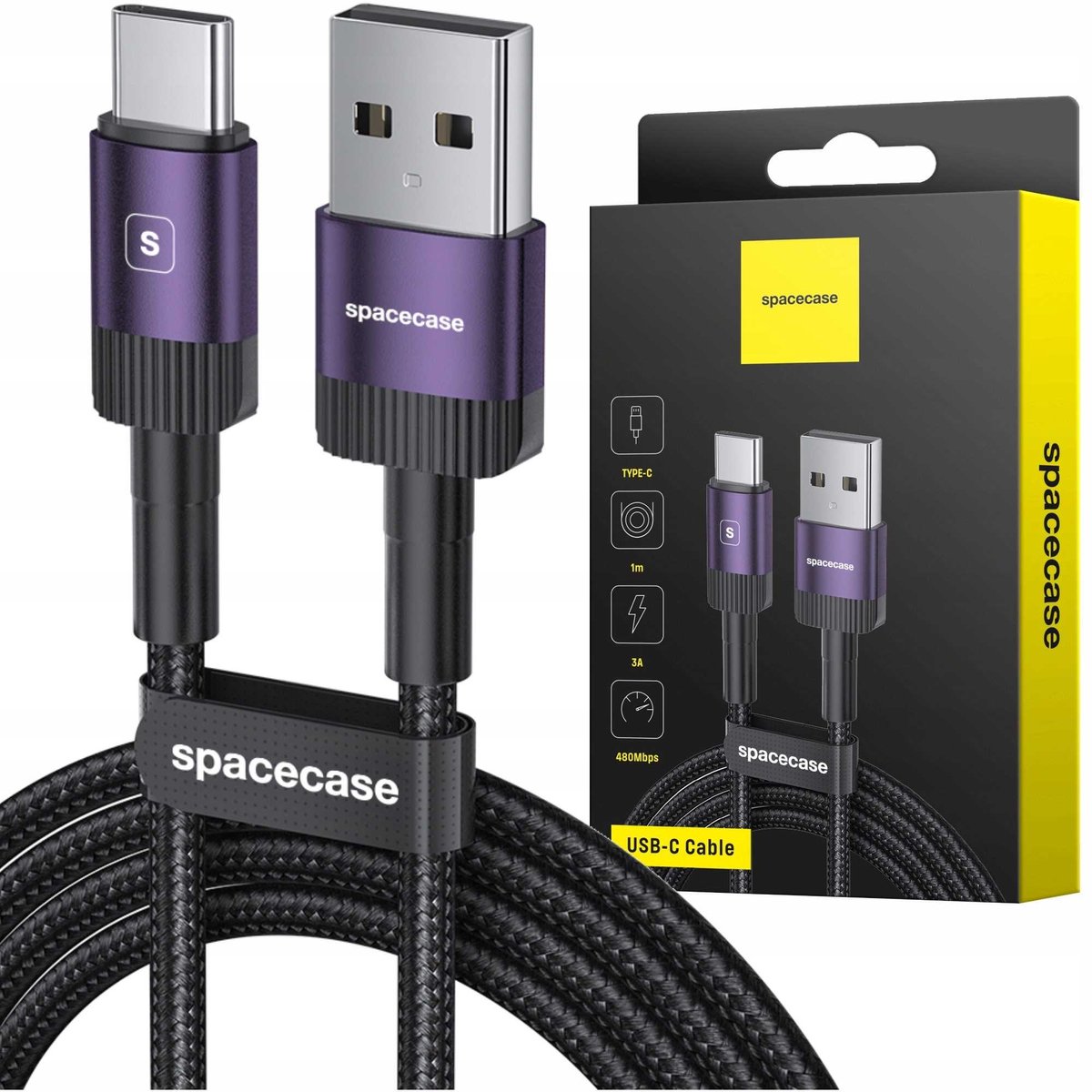Spacecase Usb-C Type C Kabel 1M 3A Paars Voor Opladen En Overdracht