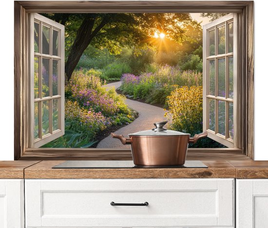 Crédence de Cuisinière en Aluminium 120x80 cm - Vue - Fleurs - Nature - Soleil - Chemin - Écran Pare-éclaboussures pour Plaque de Cuisson - Protection Murale