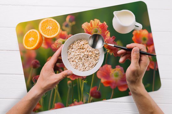 Placemats - 6 stuks - 45x30 cm - Placemat kunststof - Bloemenveld - Zonnestralen - Oranje - Borden onderleggers - Decoratie voor op tafel - Keuken tafeldecoratie accessoires - Vinyl onderlegger - Tafelversiering