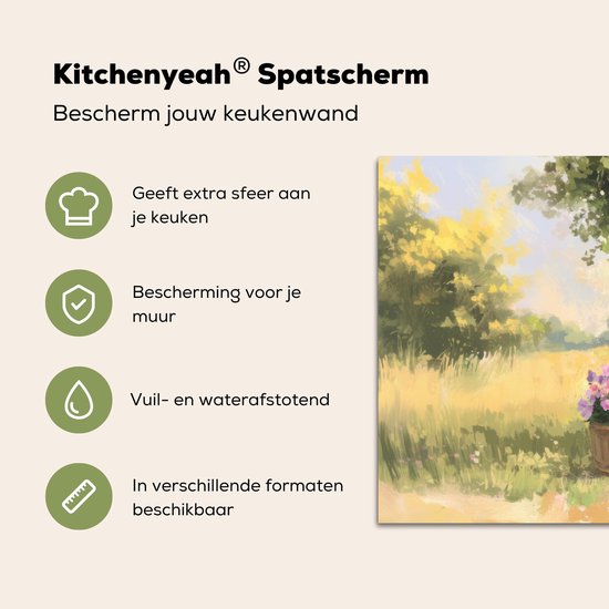 Spatscherm keuken 80x40 cm - Kookplaat achterwand Houten bankje - Bloempotten - Landschap - Muurbeschermer - Spatwand fornuis - Hoogwaardig aluminium