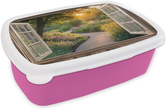Broodtrommel Roze - Lunchbox Doorkijk - Bloemen - Natuur - Zon - Pad - Brooddoos 18x12x6 cm - Brood lunch box - Broodtrommels voor kinderen en volwassenen
