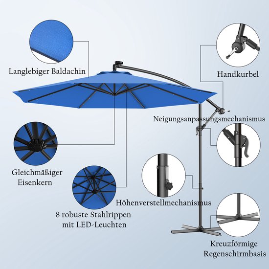 COSTWAY Zweefparasol 300 Cm Met 32 LED Lampen Op Zonne-energie - Verstelbaar Met Zwengel - Tuinparasol Beige/Koffie/Blauw