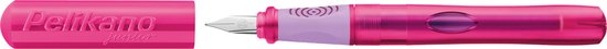 Stylo plume Pelikano Junior rose avec son capuchon à côté, poignée violette et une fenêtre.