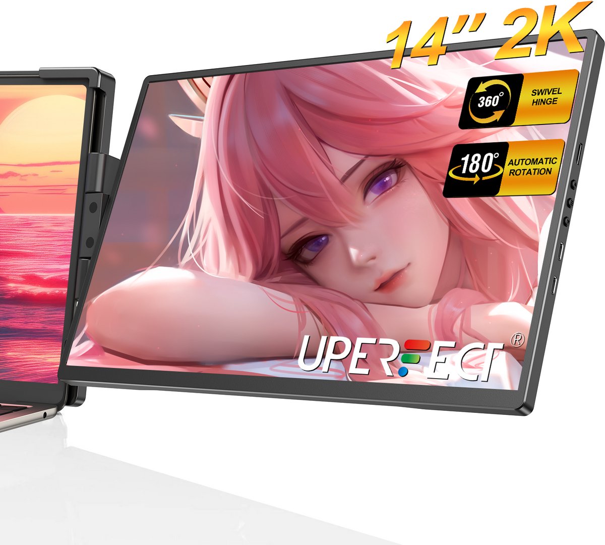UPERFECT Portable Monitor G13 14" 2K draagbaar scherm | 100% sRGB draagbare monitor| 180° Auto-Rotatie portable monitoren| Anti-verblindend IPS | Dual USB-C