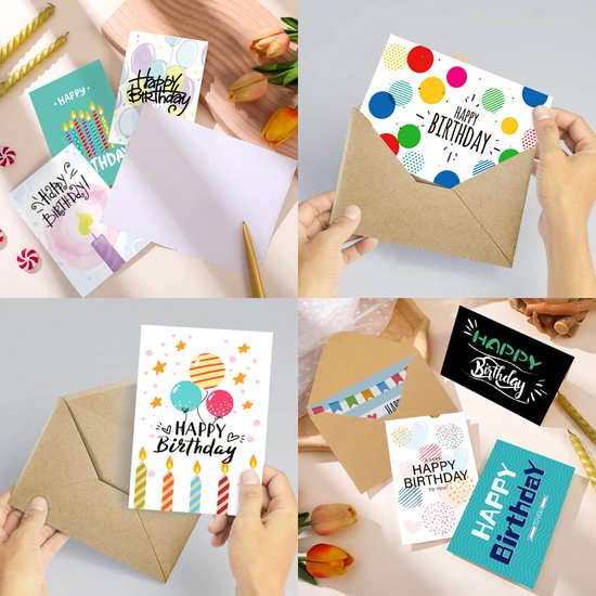 Collage van verschillende verjaardagskaarten met diverse designs zoals ballonnen, kaarsen en gebak, en kraftenveloppen.