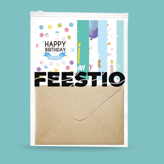Set verjaardagskaarten en enveloppen verpakt in plastic, met designs van stippen, ballonnen en kaarsen.