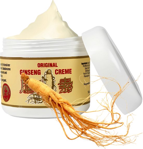 Pot met Original Ginseng Creme, gele crème en etiket met een ginsengwortel. De wortel is vers en heeft fijne haarwortels.