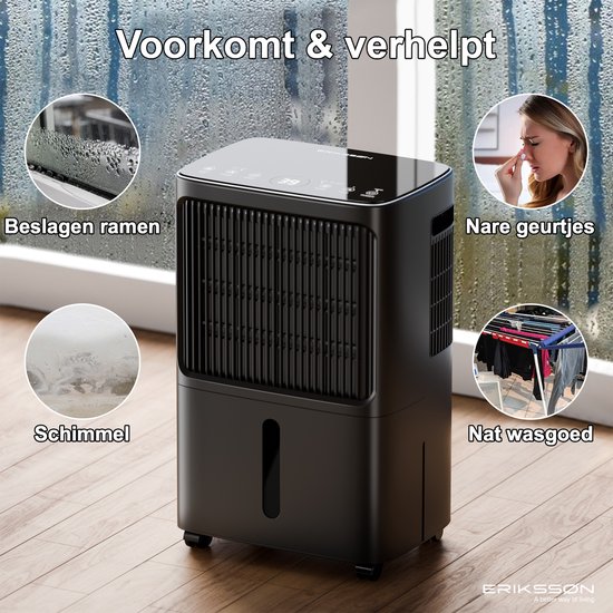 Erikssøn Luchtontvochtiger Dry Pro Plus - Ontvochtigt Tot 16 Liter Per Dag - Was-droog Functie - Geschikt Voor Huis, Slaapkamer , Badkamer , Woonkamer En Kelder - Dehumidifier - vochtvreters voor in huis - Zwart