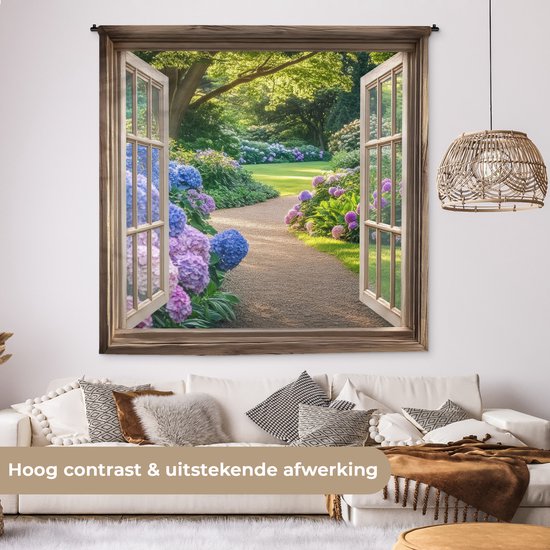 Tapisserie murale 180x180 cm - Toile murale transparente - Jardin - Fenêtre - Hortensia - Fleurs - Tapisserie - Tapisseries