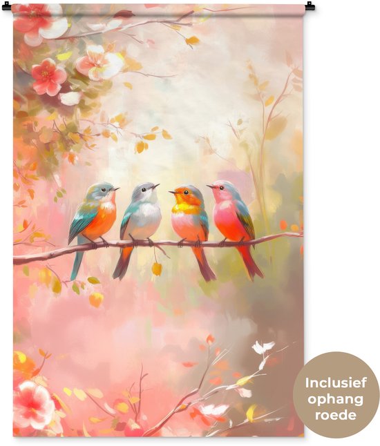Wandkleed 120x180 cm - Wanddoek Vogels - Kleurrijk Tak - Wandtapijt - Wandkleden
