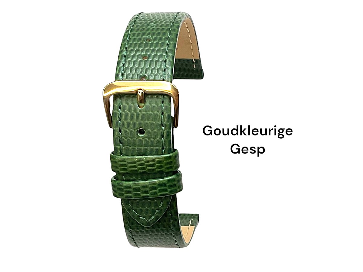 Horlogeband-horlogebandje-20mm-groen -croco-lizard print-echt leer-plat-goudkleurige gesp-leer-20 mm