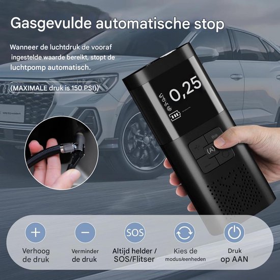 Elektrische Fietspomp draagbare luchtpomp - 6000 mAh batterij - 150 PSI compressor - LCD-scherm - 4 modi - auto's - fietsen - ballen - zaklamp - powerbank van Merkloos — afbeelding 4