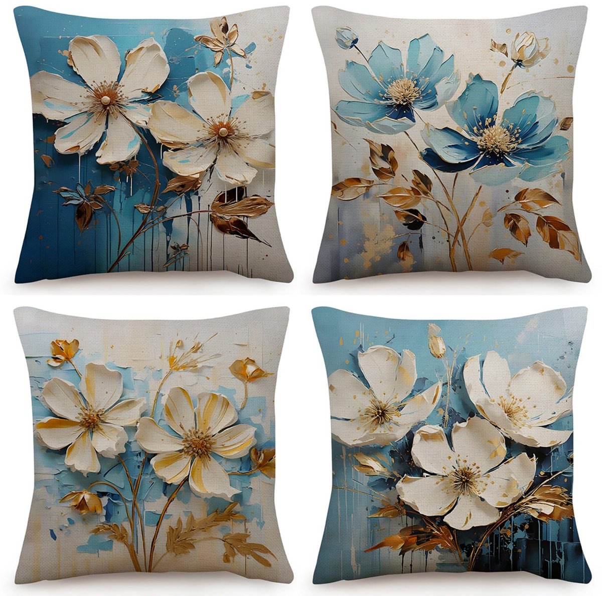 My Ninki ® Set van 4 Decoratieve Gele Kussenhoezen met Bloemenpatroon voor Binnen en Buiten bruin blauw