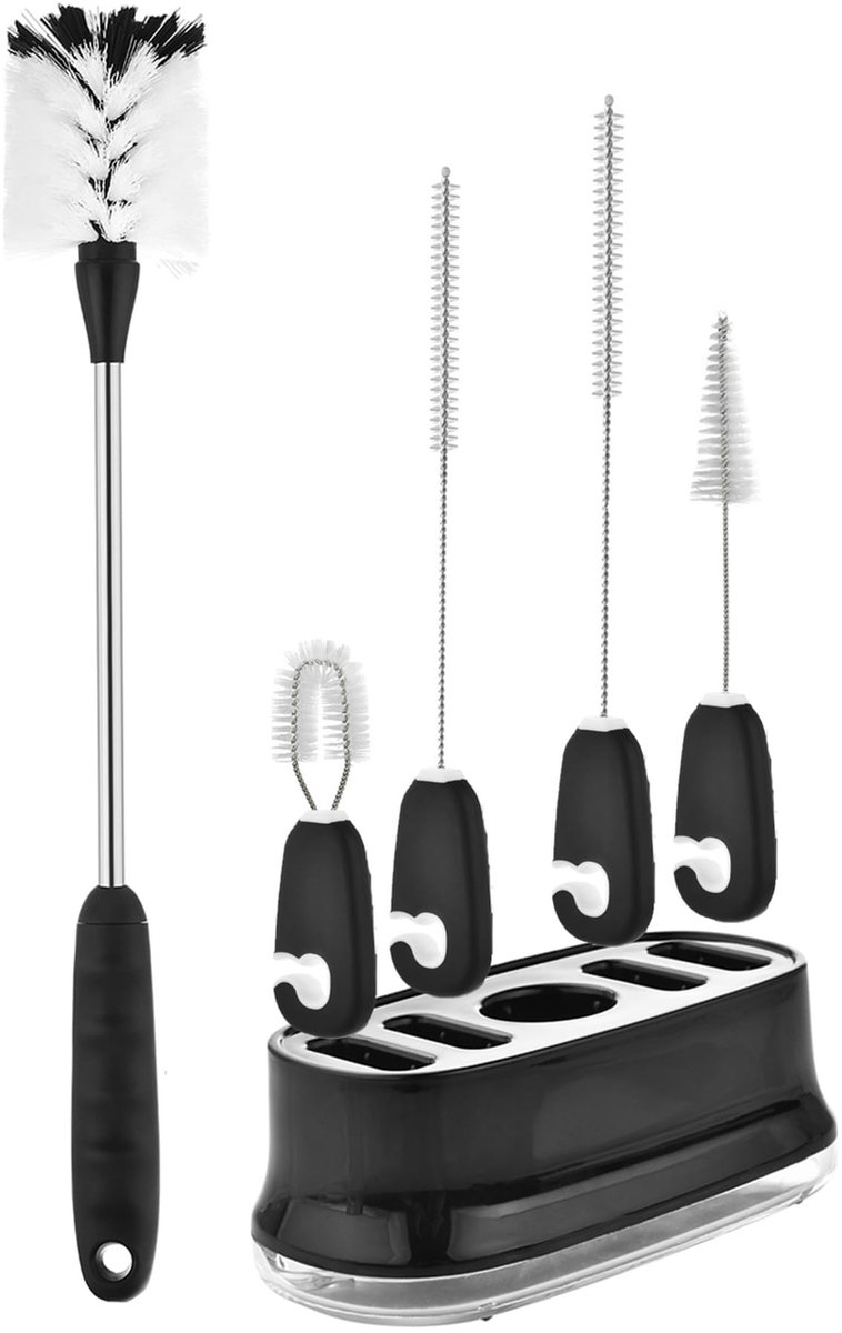 My Ninki ® Veelzijdige Reinigingsborstelset met Lange Handgreep voor Flessen, Bekers en Rietjes - 5 Stuks Inclusief Houder