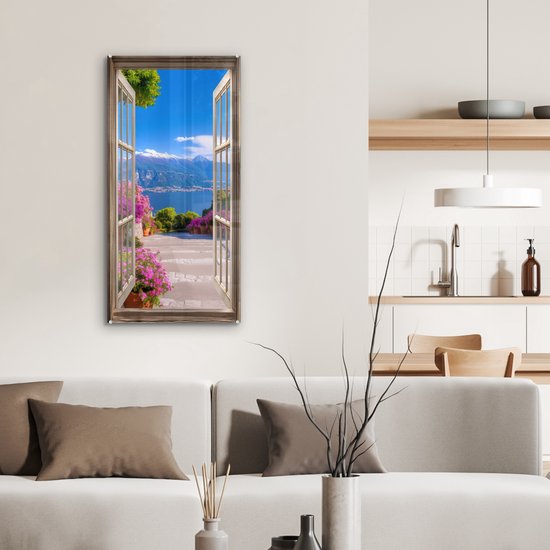 MuchoWow® Glasschilderij 40x80 cm - Schilderij acrylglas - Doorkijk - Berg - Landschap - Uitzicht - Meer - Foto op glas - Muurdecoratie woonkamer - Wanddecoratie slaapkamer - Schilderijen