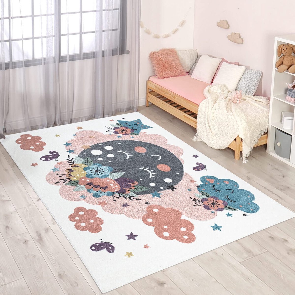 My Ninki ® Vrolijk Laagpolig Kinderkamer Vloerkleed met Maan, Wolken en Bloemen - Crème Multi - 190x280 cm