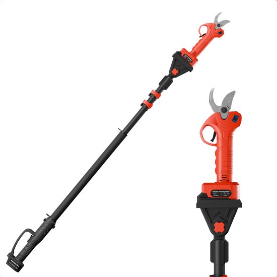 Elektrische snoeischaar met een verlengsteel, oranje en zwart, met een LCD-scherm en een snijcapaciteit van 15-30 mm.