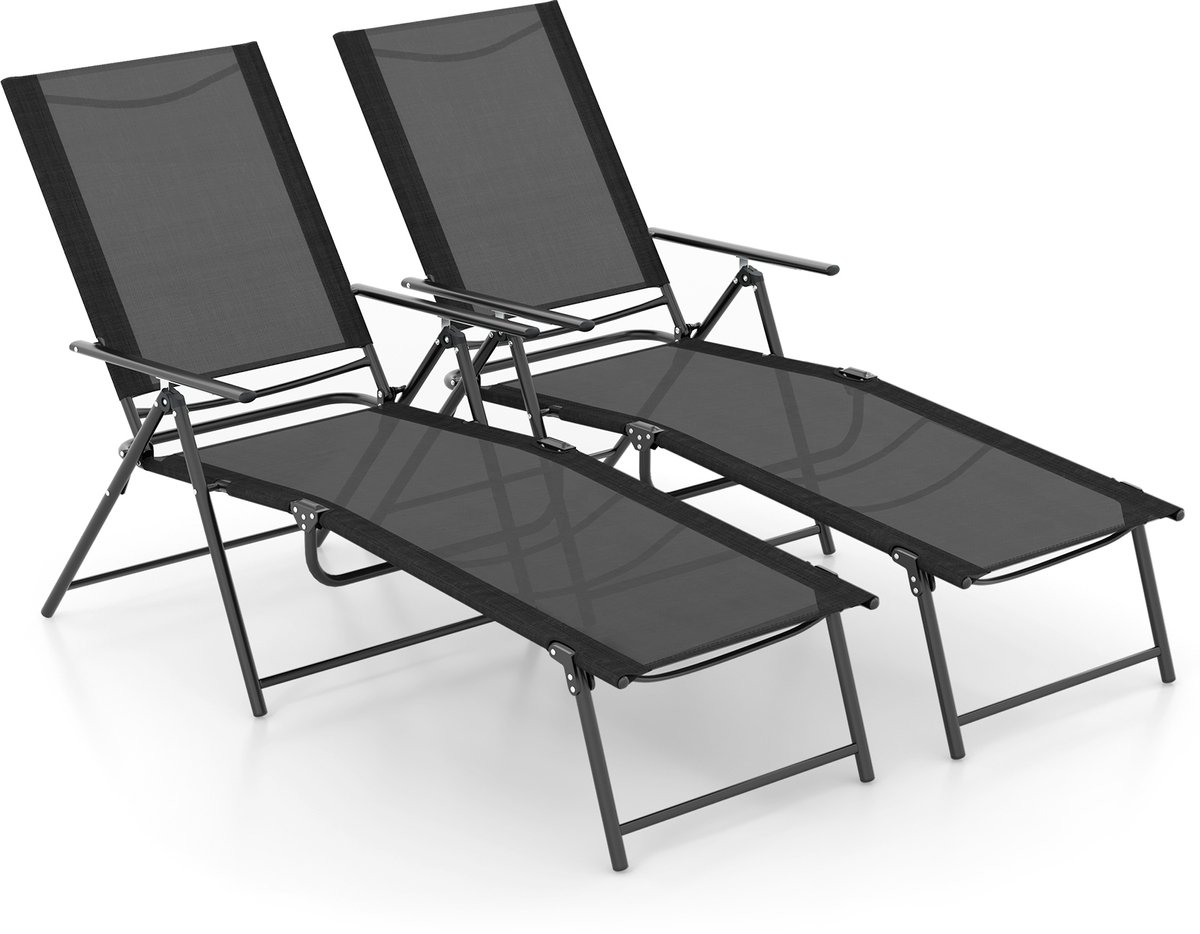 COSTWAY Set van 2 zonnestoelen, inklapbaar, ligstoel met verstelbare rugleuning, voeteneinde en ademende zitstof, klapstoel, belastbaar tot 150 kg, ligstoel voor tuin, terras