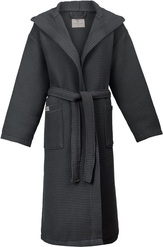 Linden&Green - Badjas de Sauna unisexe - Badjas 100% Katoen - L - Anthracite - Katoen gaufré - Badjas homme - Peignoir à capuche homme - Badjas femme et homme - L