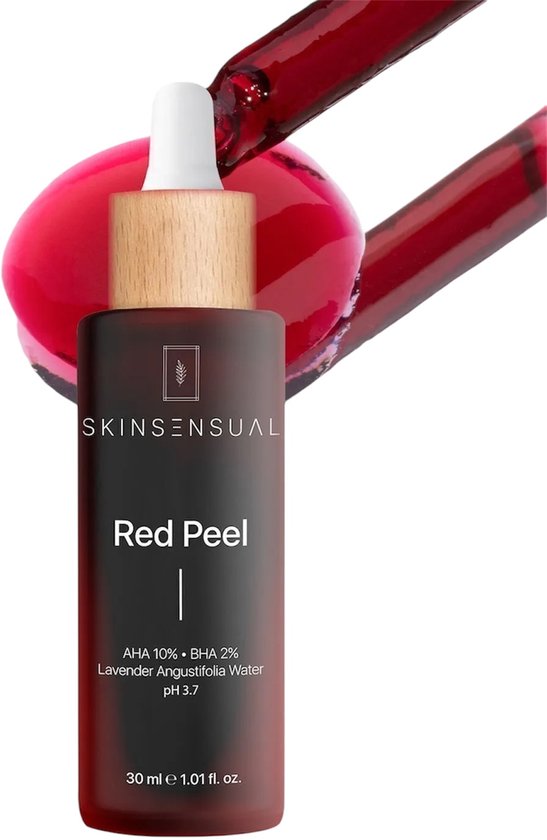 Skin Sensual - Rood Peeling Serum - AHA 10% - BHA 2% - Huidvernieuwing, Porenverfijning, Anti- Acne, Egaliserende Effect, Bevat Lavendel Angustifolia Water, Hyaluronzuur, Salicylzuur, Glycerine, Vitamine C, Voor Alle Huidtypes - 30 ml