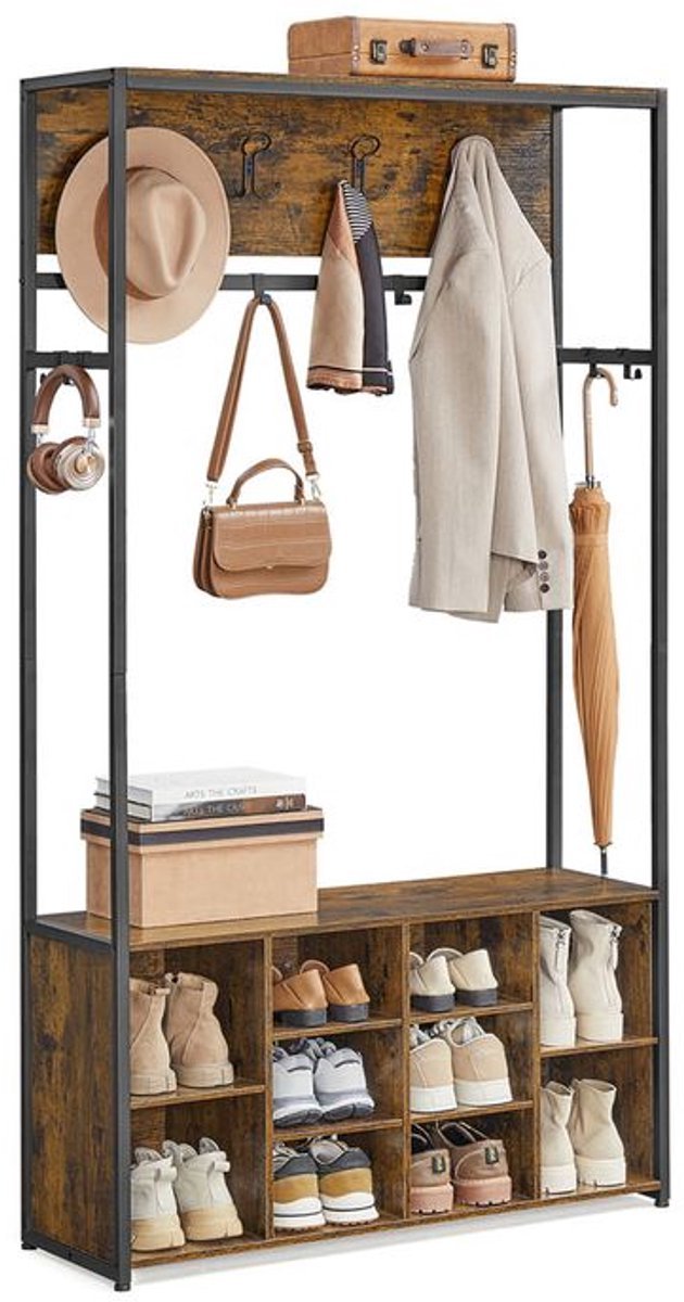Homesy Industriële Kledingstandaard met Schoenenrek – Vintage Bruin & Inktzwart