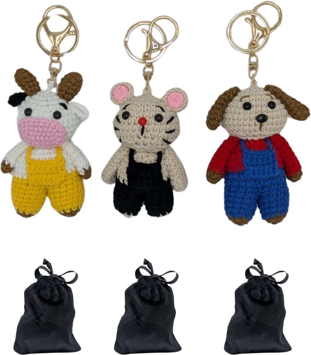 Grand X - Sleutelhanger Hond / Muis / Koe - 3 Pack - Sleutelhanger dier - Sleutelhanger Stof - Tashanger - Sleutelhanger Volwassenen - Sleutelhanger Kinderen - Sleutelhanger Pluche