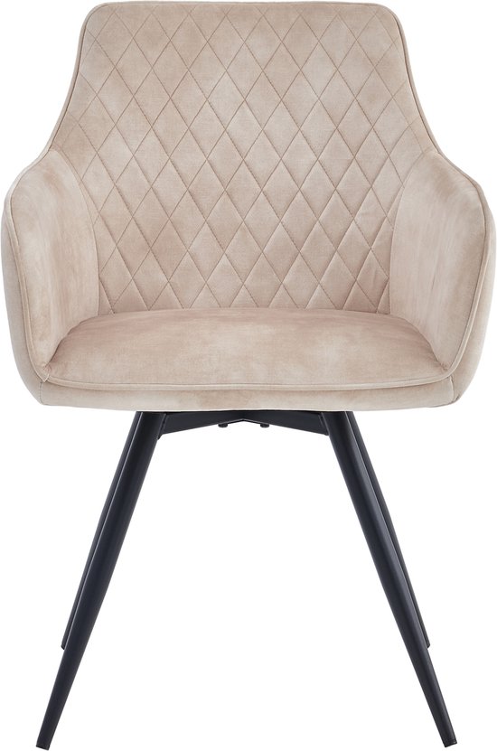 Beige Adoré Velvet eetkamerstoel met ruitpatroon, zwarte draaipoot.