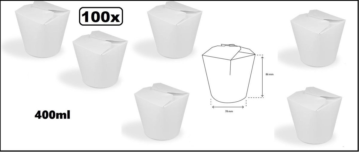 100x Wok to Go beker 400ml wit - hoogte 86mm - Oosters noodle nasi bami mihoen