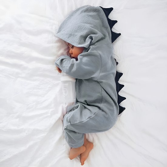 BoefieBoef Baby Boxpakje Dinosaurus - Baby Onesie Jumpsuit Grijs - Kruippak - Dierenpak - Pyjama - 6-18 maanden - Romperer, Boxpakje, Kruippak, Dierenpak, Pyjama – Baby's 6-18 maanden - jongens en meisjes - 100% Katoen - Drukknopen – Grijs