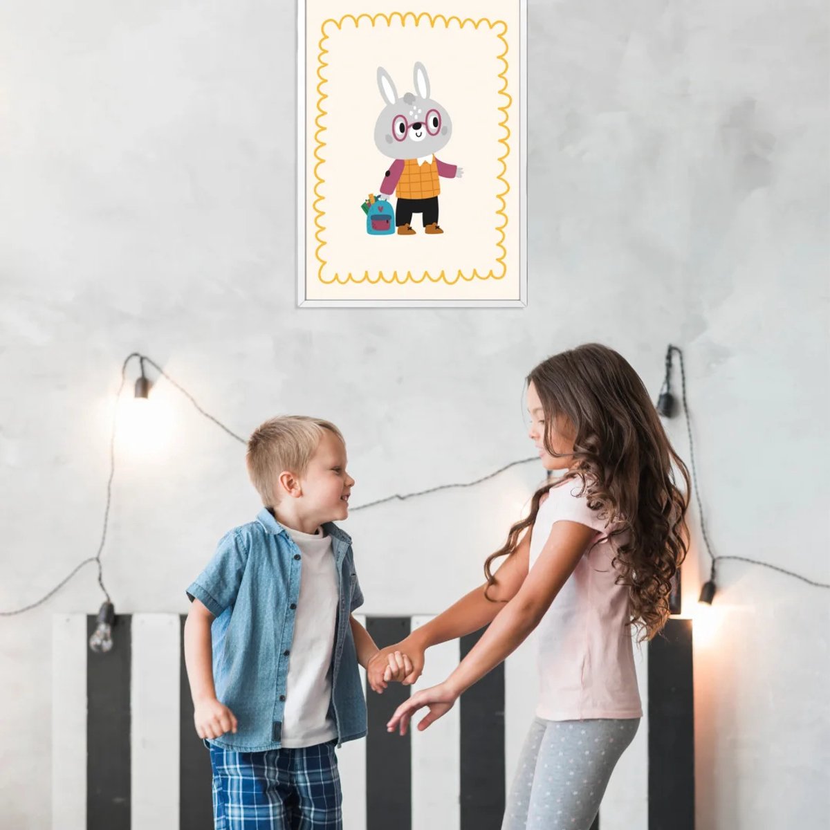 Kinderkamer poster met dieren - School bunny | Babykamer | kinderkamer decoratie | Grappige poster met een konijn en schooltas | Wanddecoratie | 30x40 cm
