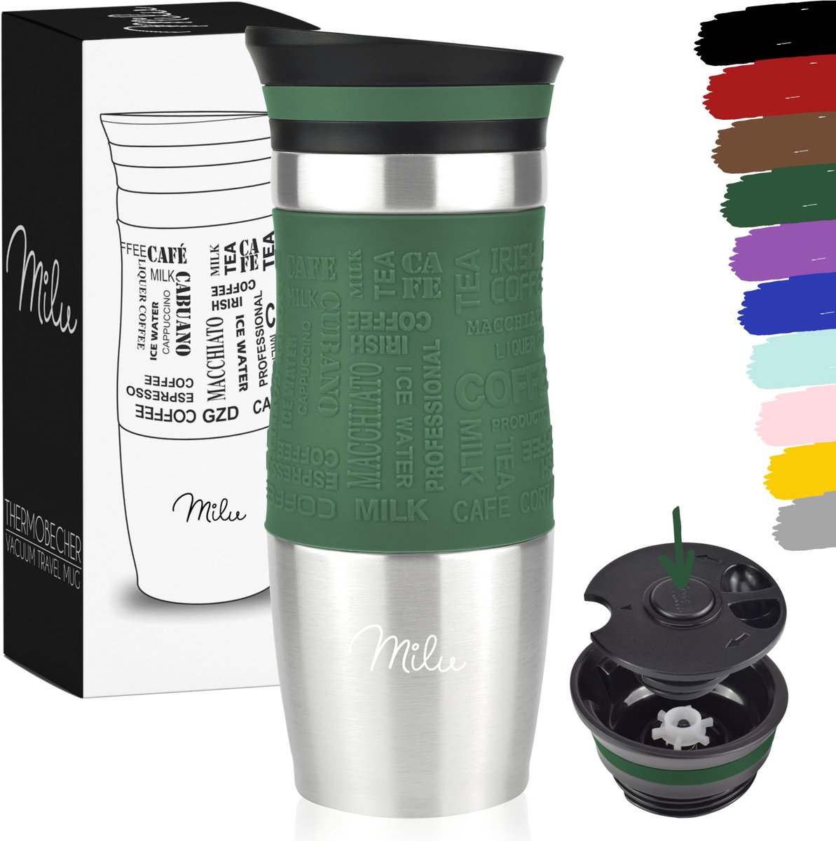 Milu Thermosbeker Koffie To Go - 370 & 450 ml - 100% Lekvrij - Thermobeker, Koffiebeker To Go, Drinkbeker van Roestvrij Staal - Autobeker Dubbelwandige Isolatie - Thermos Beker Auto- Travel mug - Thermo Beker (370 ml Olijfgroen)