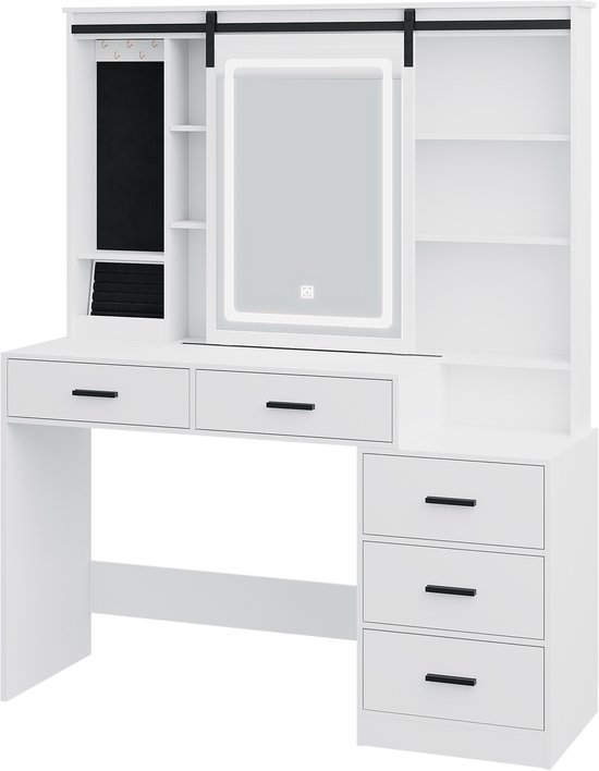 CASARIA Dressing table Lucia Drawer 3 Compartments Lighting Incl. Distance sensor Mirror 4 Shelves White Makeup table Make-up table 110x40cm