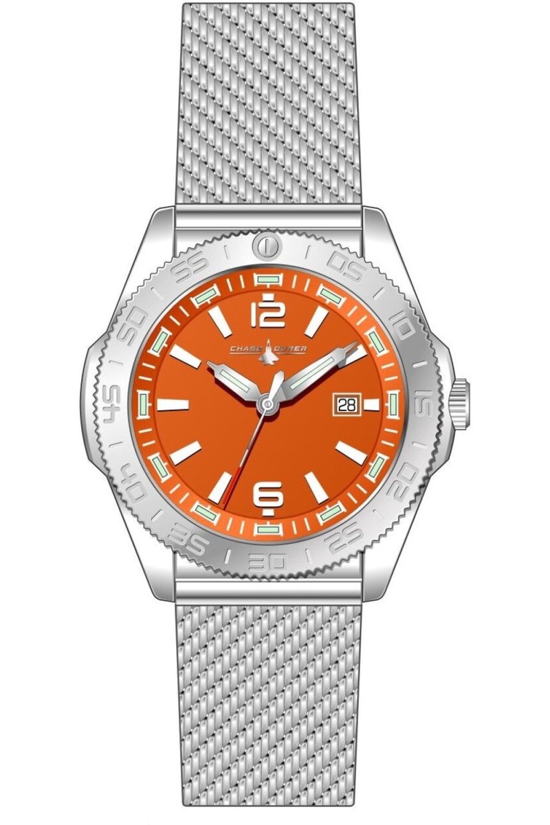 Chase Durer CDW-0180 Heren Horloge - Waterdicht - Analoog - Quartz Uurwerk - Roestvrij Staal met oranje Wijzerplaat - 45mm