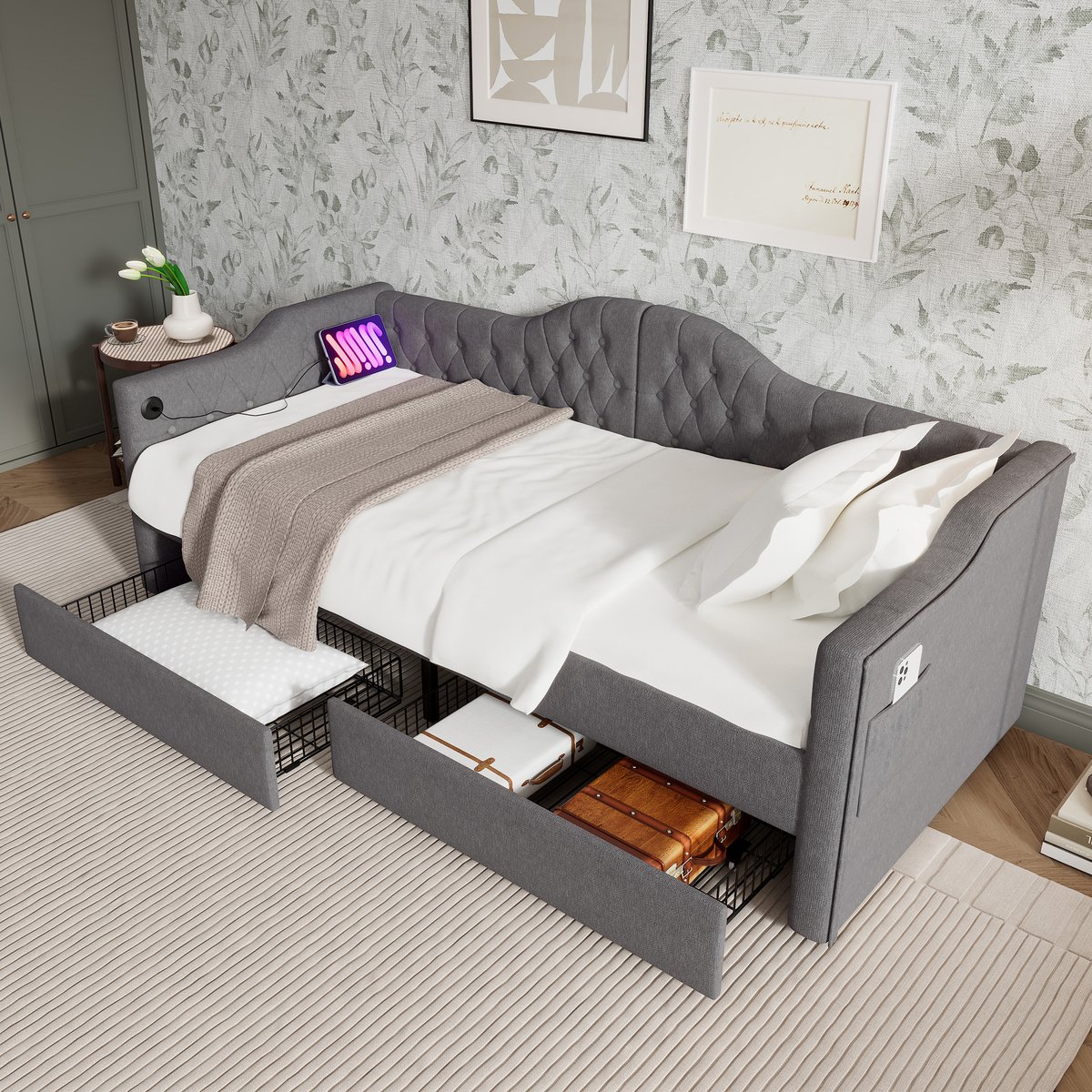 Merax Gestoffeerd bed, ligbed, slaapbank, opbergbedden, bedframe met USB Type C-opladen en 2 lades, 90x200 cm, grijs, fluweel, zonder matras