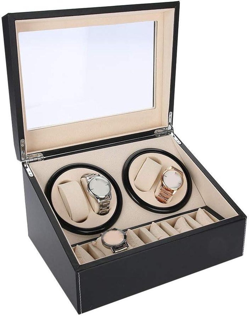 Automatische horlogeopwinderbox opbergdozen voor 4 horloges met bewe + 6 horloges draaiende stille horlogeopwinders displayboxen van PU-leer - 31 x 24 x 18 cm