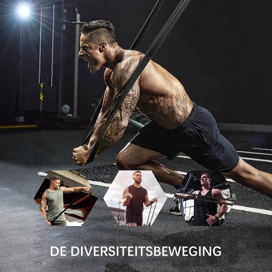 Homme musclé en tenue de sport tirant sur une bande de résistance noire. Petites images hexagonales d'hommes s'entraînant.