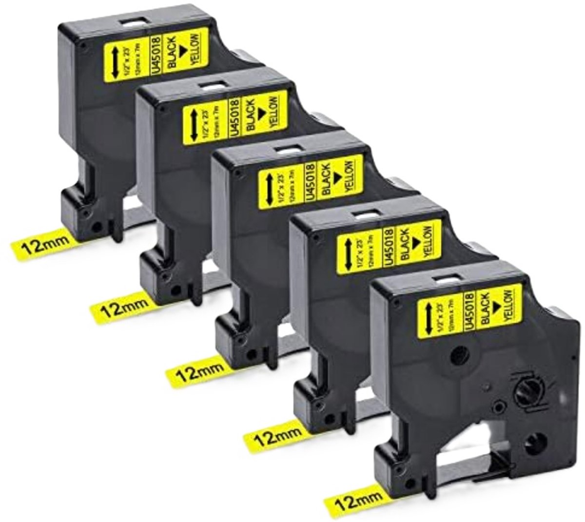 Label Tape Geschikt voor Dymo D1 45018 | 12 mm x 7 m | S0720580 - Zwart op Geel - 5 stuks - Geschikt voor: 100 100PLUS 120P 150 160 200 210D 220P 260P 280 300 350 350D 360D 400 400 Duo 420P 450 450D 450 Duo 500TS PnP Wireless PnP MobileLabeler PC