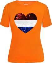 Dames Slim fit T-shirt Nederlandse vlag met Hart magic sequence | koningsdag kleding| Holland | EK-WK-Olympische Spelen | Oranje | maat M/38