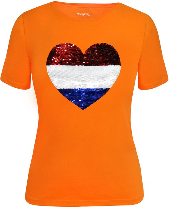 Dames Slim fit T-shirt Nederlandse vlag met Hart magic sequence | koningsdag kleding| Holland | EK-WK-Olympische Spelen | Oranje | maat M/38