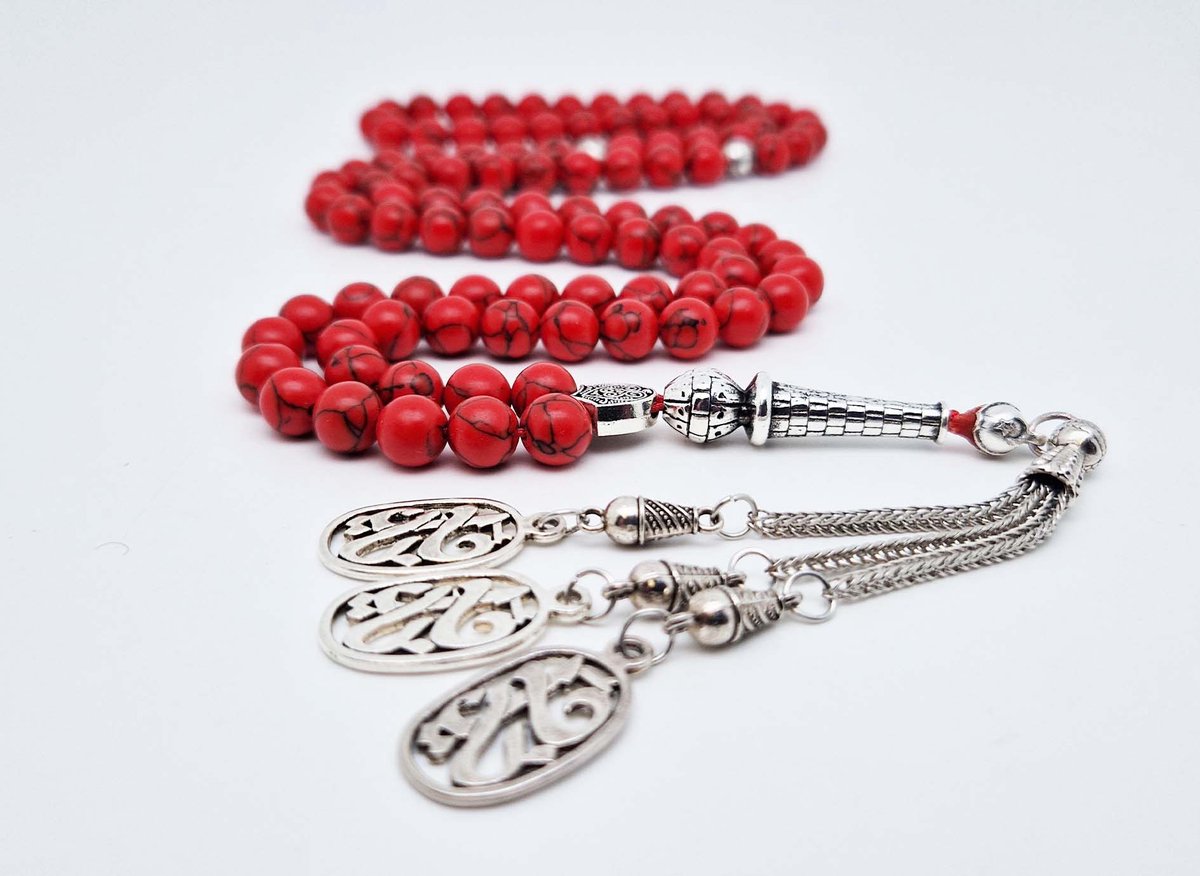 Handgemaakte tesbih "Tasbih" natuursteen "Rode howliet" - Aantal kralen 99 - Diameter kralen 8MM - met metaal tassel "Yarab" - Een mooi cadeau-idee
