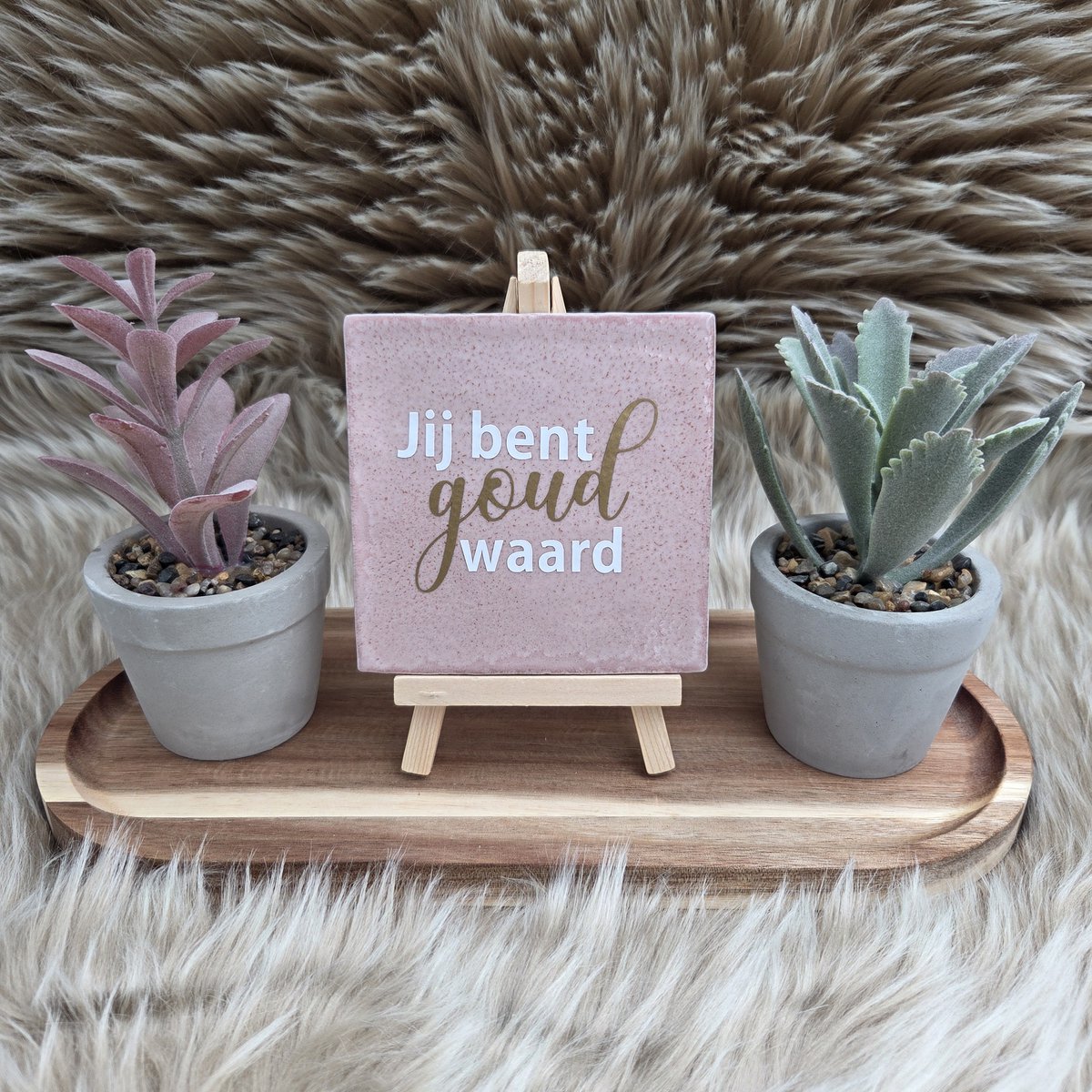 Robuust Wenstegeltje – Hip trendy tegeltje – Jij Bent Goud Waard – 10x10 cm – Lief Cadeau voor Vriendin, Collega of Juf – Stijlvolle Woondecoratie met Boodschap – Trendy nu – Decoratief Tegeltje met Standaard – Cadeau Idee