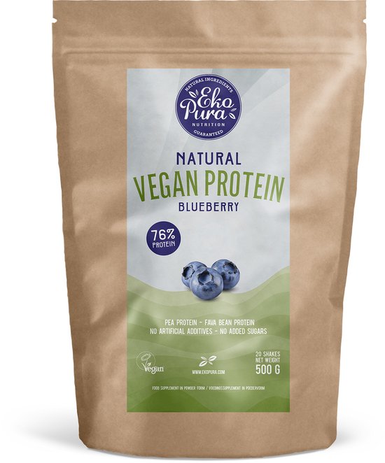 Bruine zak met 'Natural Vegan Protein Blueberry' op het etiket, 76% eiwit en bosbessenafbeelding.