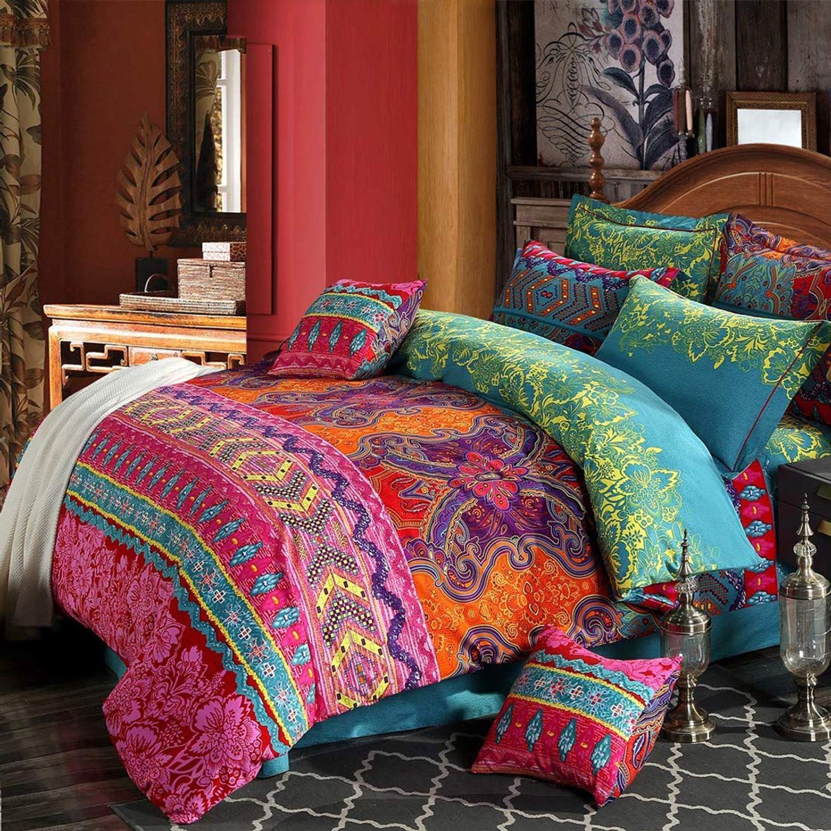My Ninki ® Exotisch Boho Beddengoed Set met Design, 4-Delig, 135 x 200 cm, Hoogwaardige Microvezel roze en groen