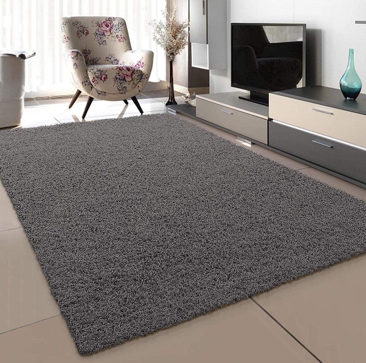 Famanu - Tapijt, woonkamer, grijs, hoogpolig, langpolig, modern, afmetingen: 60 x 110 cm
